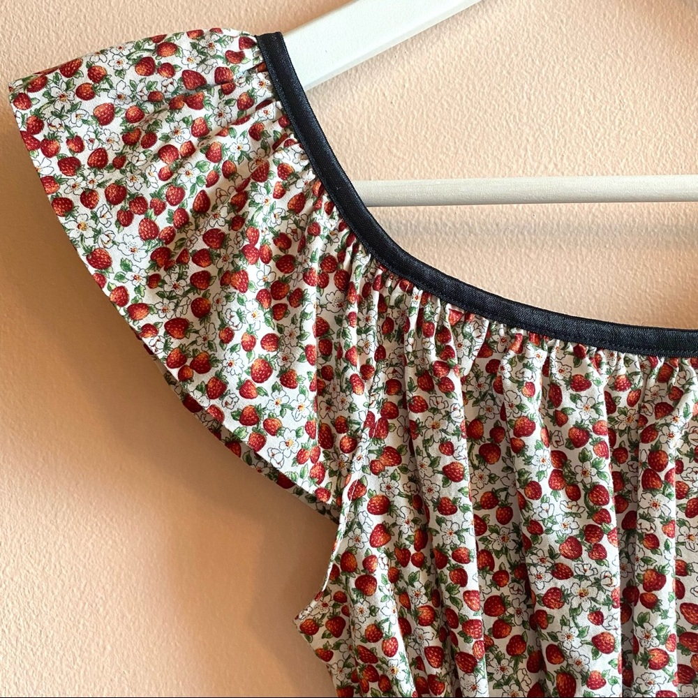 Minkie Strawberry Print Pattern Off the Shoulder Mini Dress Elastic Waist